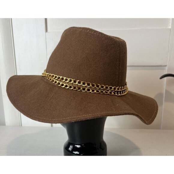 Guess Brown Wool Gold Chain Accent Floppy Brim - Picture 2 of 6